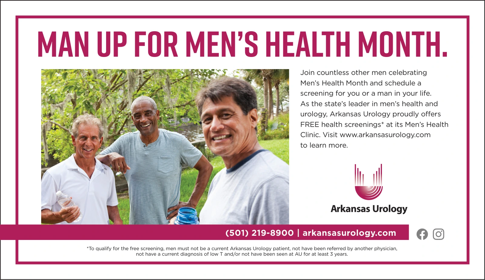 Arkansas Urology landscape print ad featuring three men outdoors and the headline Man Up for Men’s Health Month