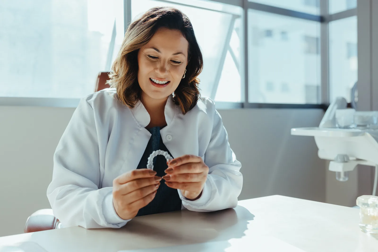 Orthodontic clinician holding a clear aligner in a clinic