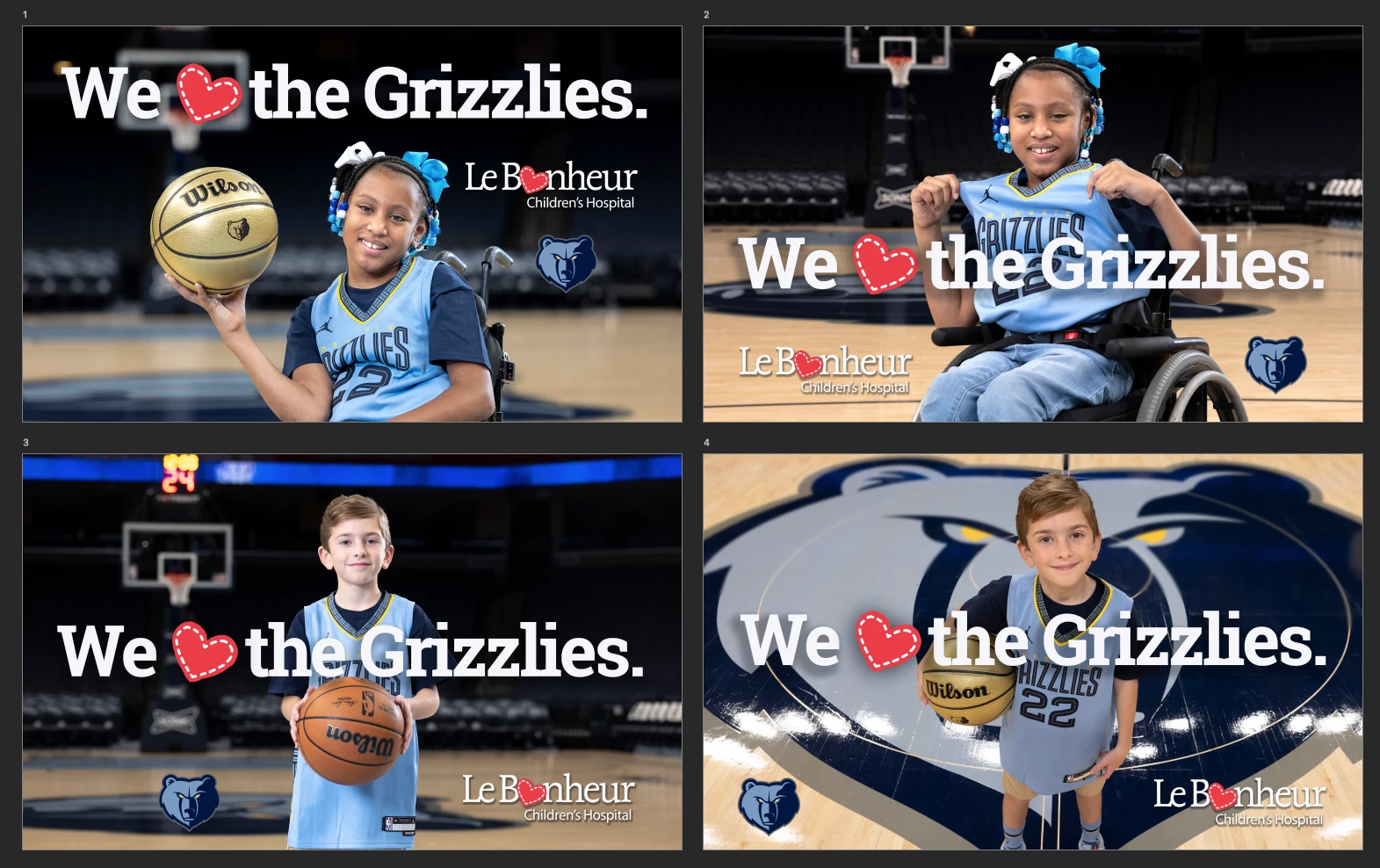 Four Le Bonheur signage concepts with children in Grizzlies jerseys and the message We love the Grizzlies