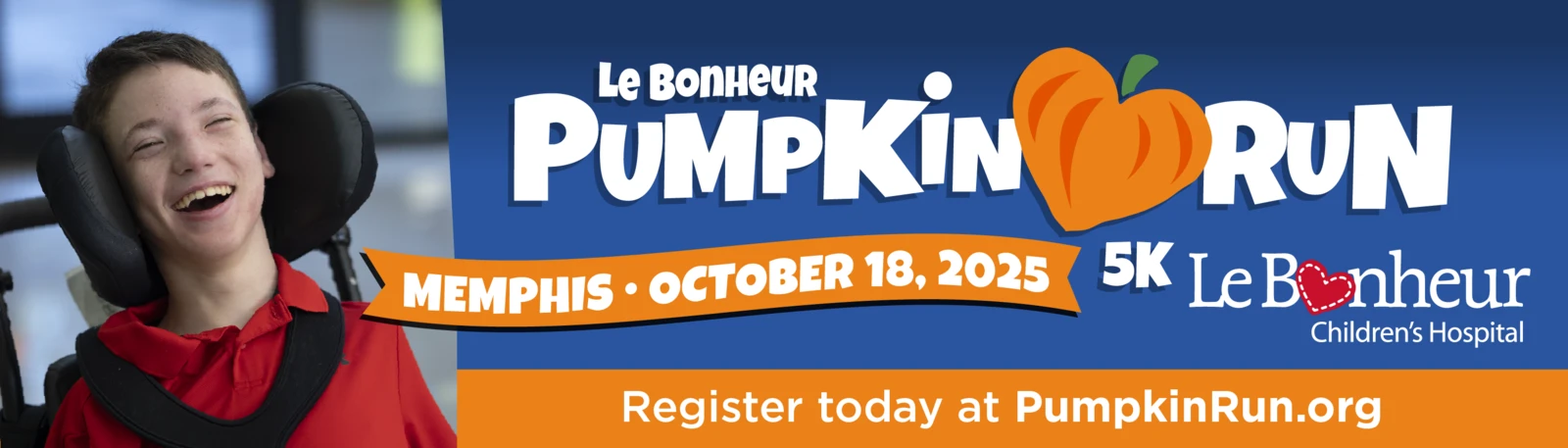 Le Bonheur Pumpkin Run banner featuring a smiling child and the October 18, 2025 Memphis event date