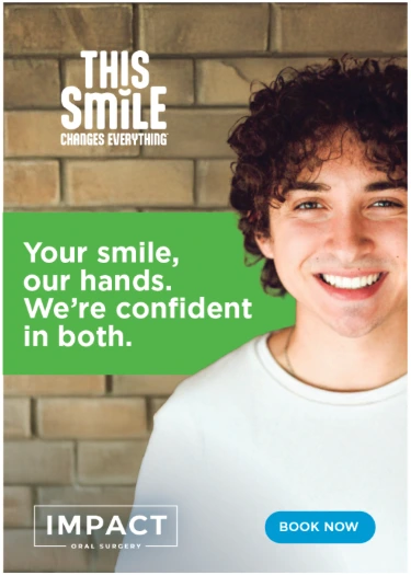 Impact Oral Surgery advertisement showing a smiling teenager