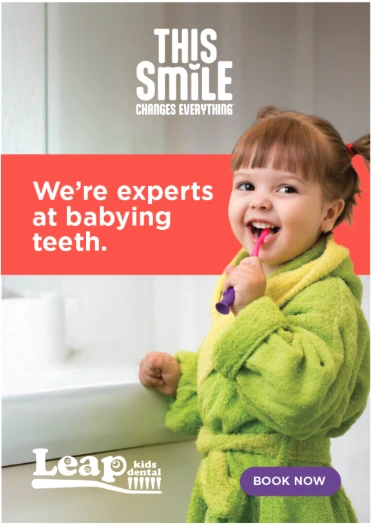Leap Kids Dental advertisement showing a smiling toddler